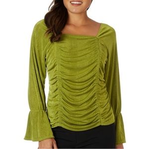 🌞Summer Clearance Ava James Womens Solid Slinky Green Front Ruched Long Sleeve